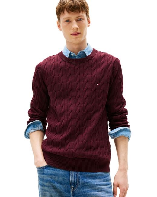 Tommy Hilfiger Red Cotton Cable Crew Neck Sweater for men