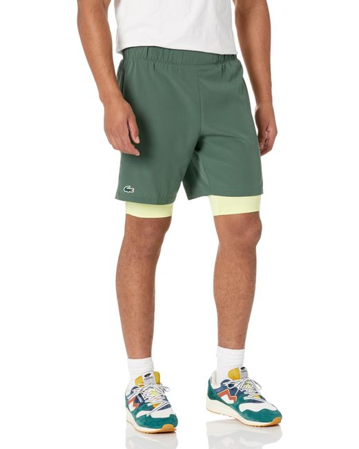 Lacoste Green 's Two-tone Sport Shorts With Built-in Undershorts for men