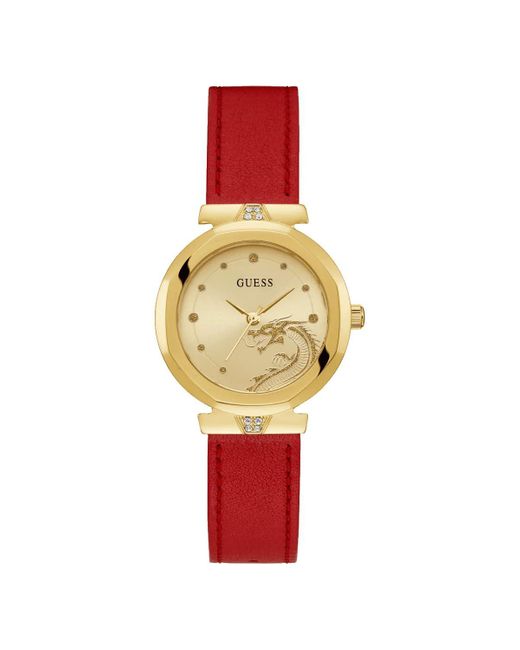 Guess Red Analog Quartz Watch With Leather Strap Gw0646l1