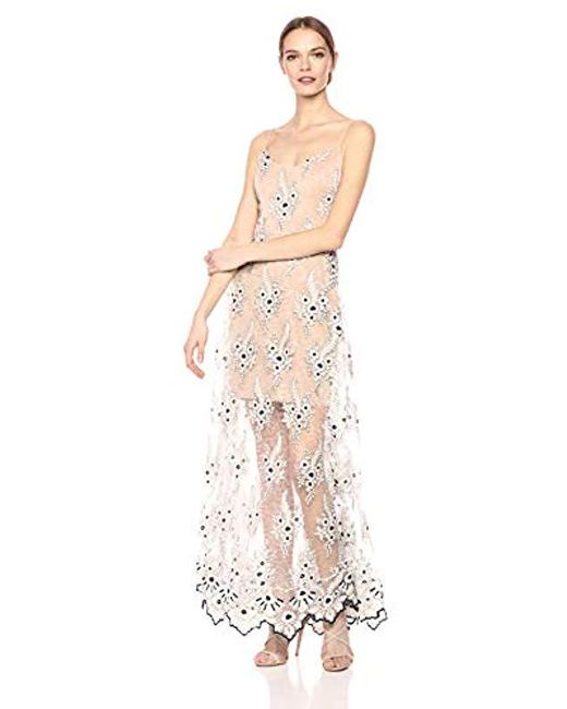 Dress the Population Multicolor Embellished Plunging Gown Sleeveless Floral Long Dress, Ivory/navy Carla, L