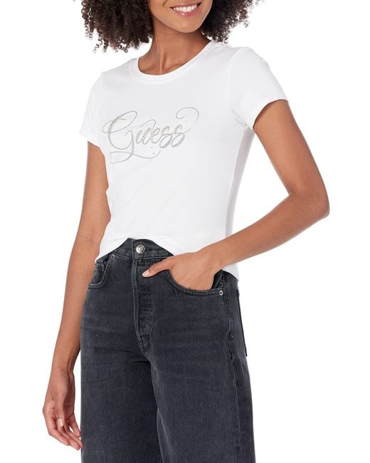 Guess Short Sleeve Glitzy Logo R4 Tee in White | Lyst