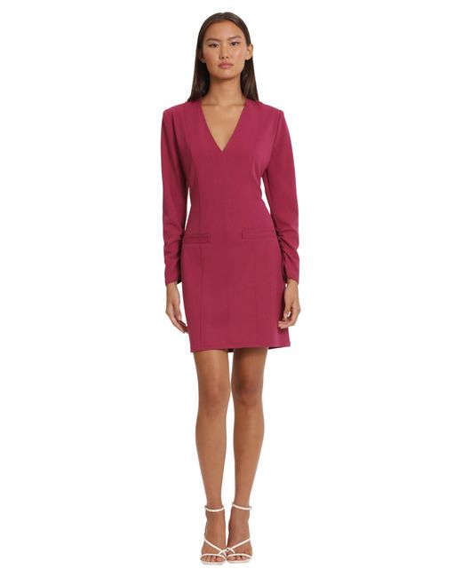 Donna Morgan Long Sleeve V-neck Midi Dress With Faux Pockets in Red | Lyst