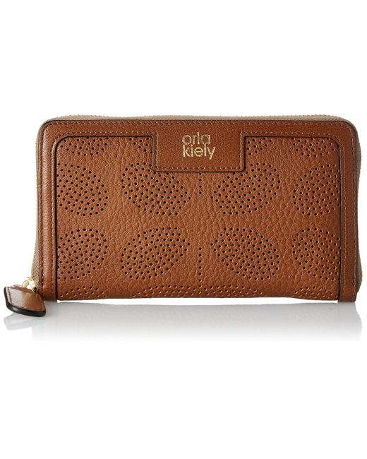 Orla Kiely Brown Sixties Stem Punched Leather Big Zip Wallet