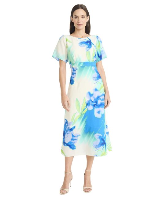 Maggy London Blue Floral Printed Midi Cocktail Dress With Boat Neckline And Empire Waist-wedding Guest Ready