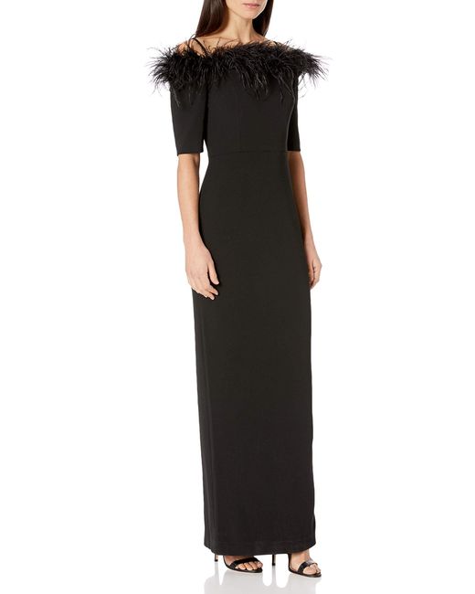 Calvin Klein Black Off The Shoulder Long Dress With Feather Trim