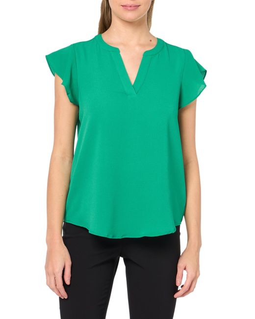 Adrianna Papell Green Solid Short Ruffle Sleeve Popover Blouse