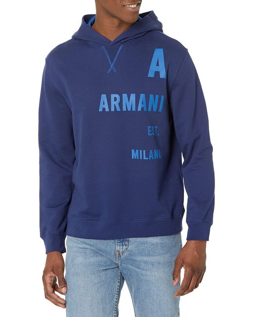 Emporio Armani Blue A|x Armani Exchange Mens Back To Front Logo Jersey Hooded Sweatshirt for men