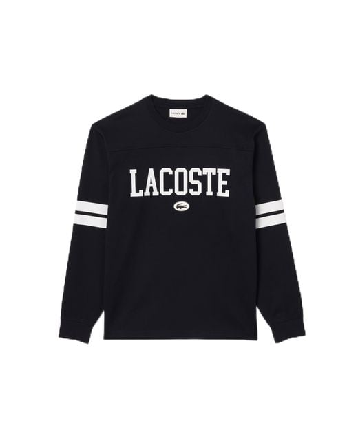 Lacoste Black Long Classic Fit Tee Shirt W/large Wording On Front And Stripes To Sleeves for men