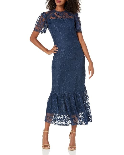 Shoshanna Blue Martine Floral Lace Midi Dress