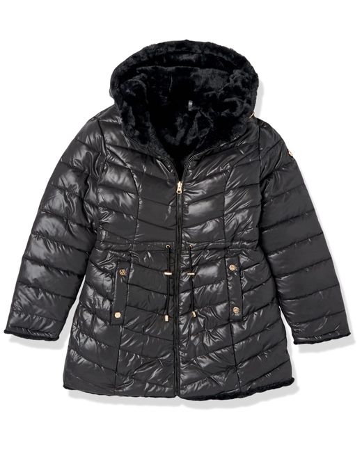 Jessica Simpson Black Reversible Shiny Cire Puffer To Faux Fur
