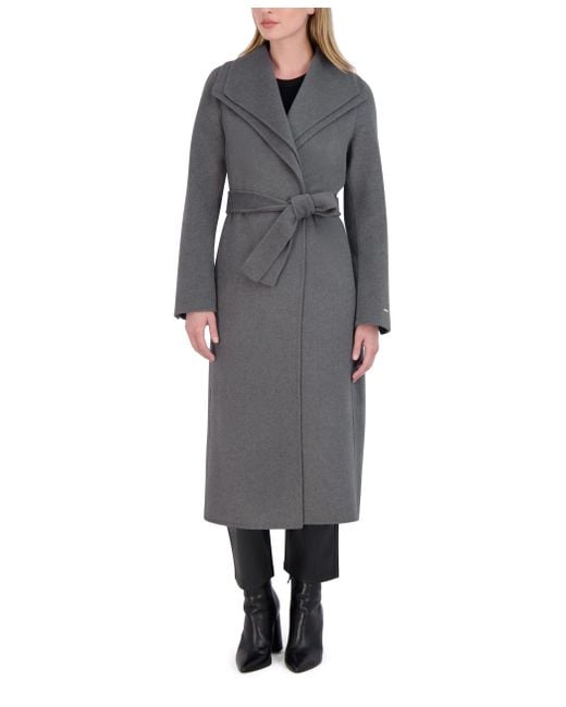 Tahari Gray Maxi Double Face Wool Blend Wrap Coat