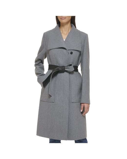 Cole Haan Gray Belted Coat Wool With Cuff Details