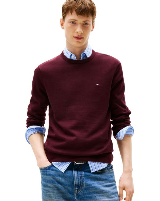 Tommy Hilfiger Cotton Solid Crewneck Sweater Lightweight in Red für Herren