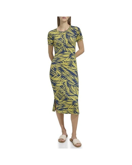 Andrew Marc Green Short Sleeve Printed Midi Dress With Slits