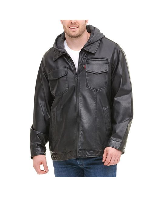 Levi's Black Faux Leather Trucker Hoody With Sherpa Lining for men