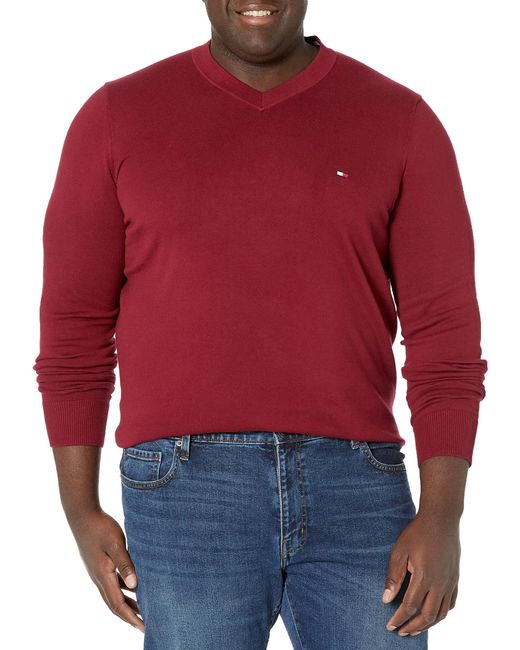 Tommy Hilfiger Red Tall Essential Long Sleeve Cotton V-neck Pullover Sweater for men