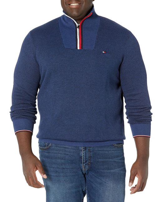 Tommy Hilfiger Blue Big Long Sleeve Cotton Stripe Quarter Zip Pullover Sweater for men