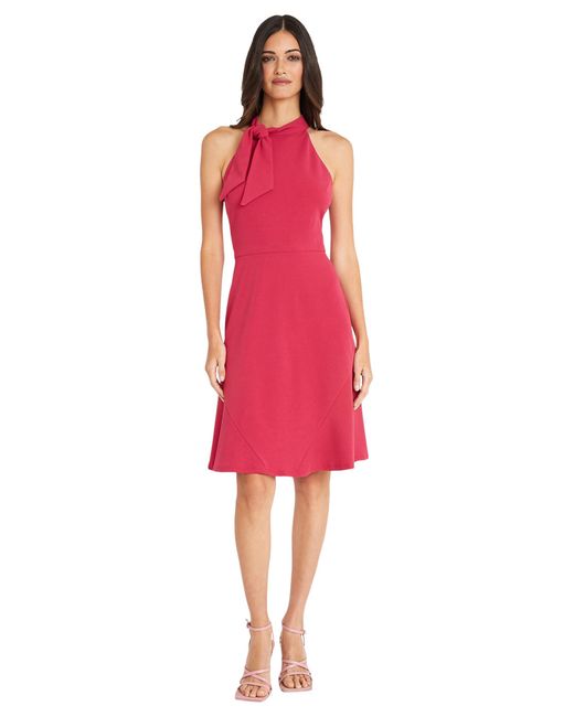 Maggy London Red Neck Tie Detail Fit And Flare Halter Wedding Guest Dresses For