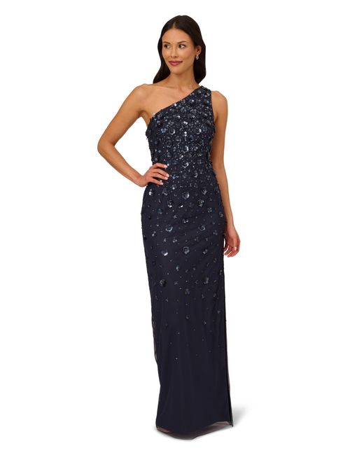 Adrianna Papell Blue One Shoulder Beaded Gown