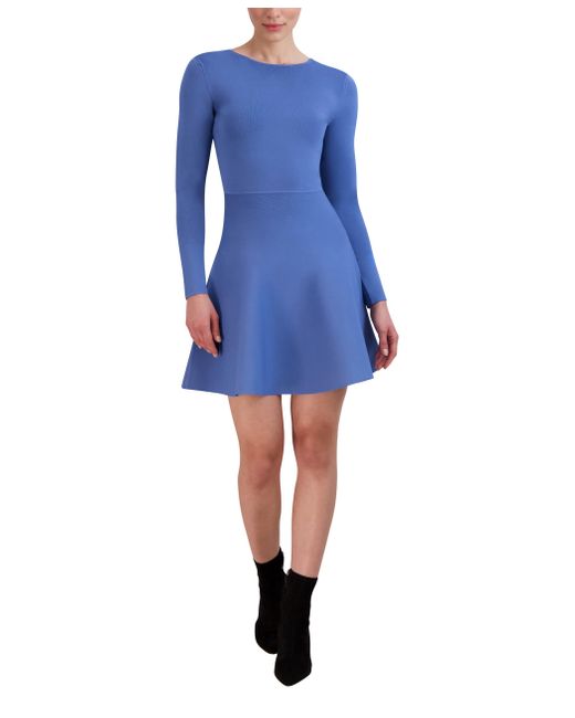 BCBGMAXAZRIA Blue Long Sleeve Boat Neck Fit And Flare Sweater Knit Mini Dress