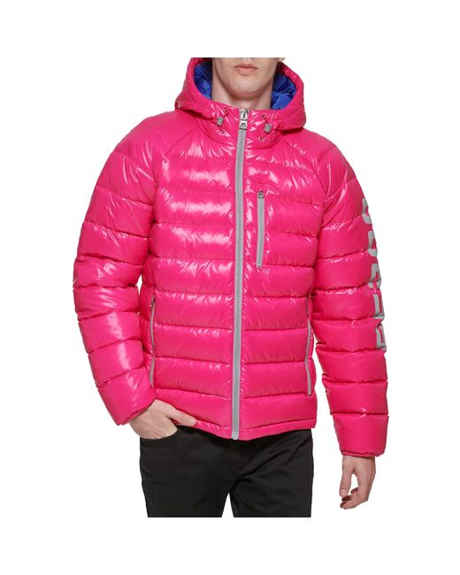 Guess Long Sleeve Midweight Hooded Puffer in Pink for Men Lyst
