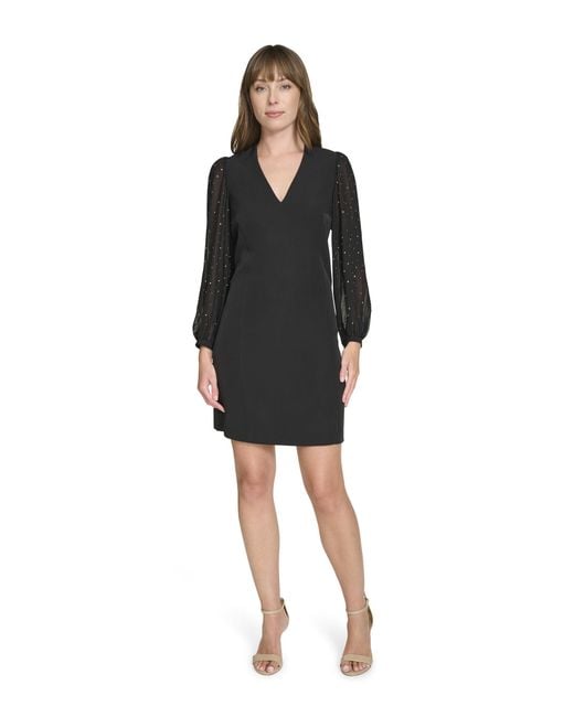 Tommy Hilfiger Black Bedazzled Chiffon Sleeves Salon Stretch Knee Length Shift Dress