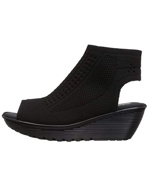 Skechers Parallel-tight Peep Toe Stretch Knit Sandal Wedge in Black | Lyst