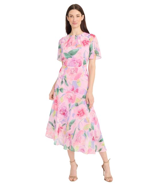 Maggy London Pink Short Flutter Sleeve Fit And Flare Dress With Asymmetric Hem Tier