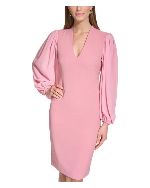 Vince Camuto Pink Stretch Crepe Bodycon Dress With Chiffon Balloon Sleeves