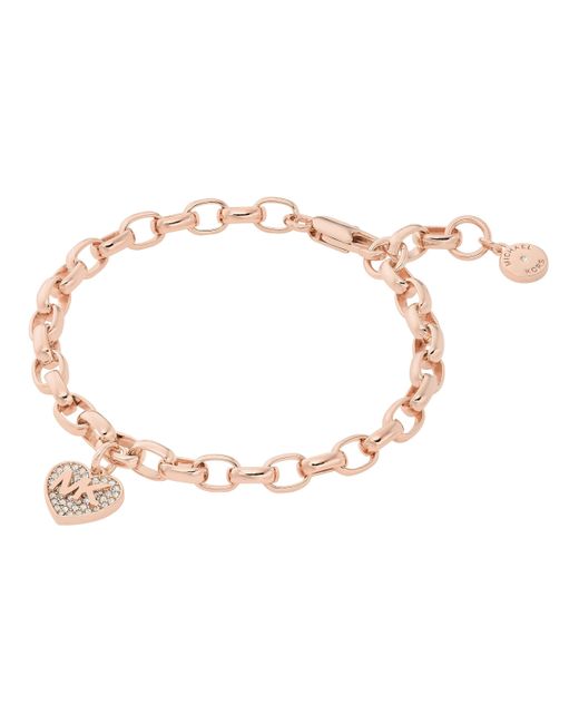 Michael Kors Metallic Brass And Pavé Crystal Mk Logo Heart Chain Bracelet For
