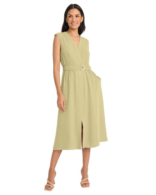 Maggy London Yellow V Neck Cap Sleeve Midi Belt-side Pockets And Back Zipper-business Casual Work Dress