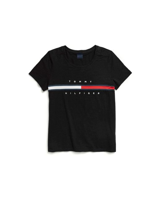 Tommy Hilfiger Black Womens Adaptive With Magnetic Closure Signature Stripe Tee T Shirt