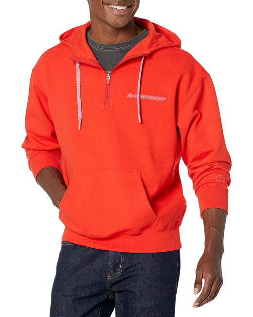 Lacoste Red Long Sleeve Double-face Loose Fit Half-zip Front Pocket Hoodie for men