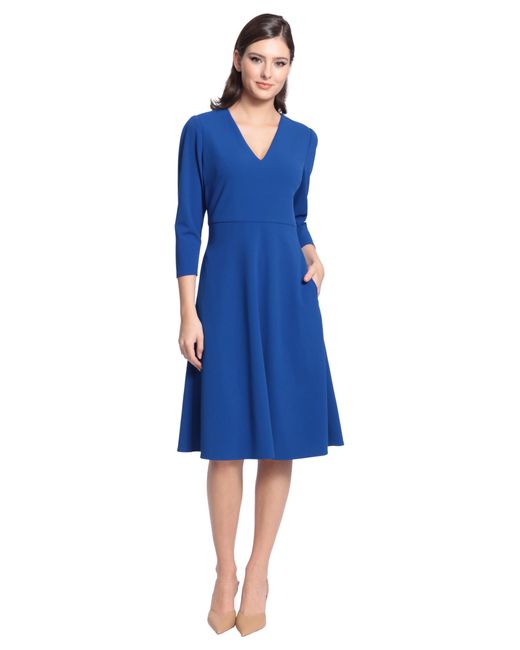 Maggy London Blue Short Sleeve Fit And Flare Scuba Crepe Dress