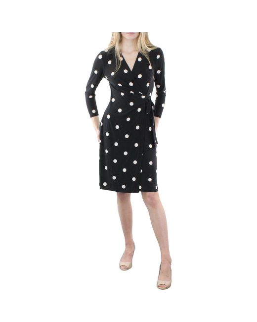 Anne Klein Black Long Sleeve Printed Jersey Wrap Dress White