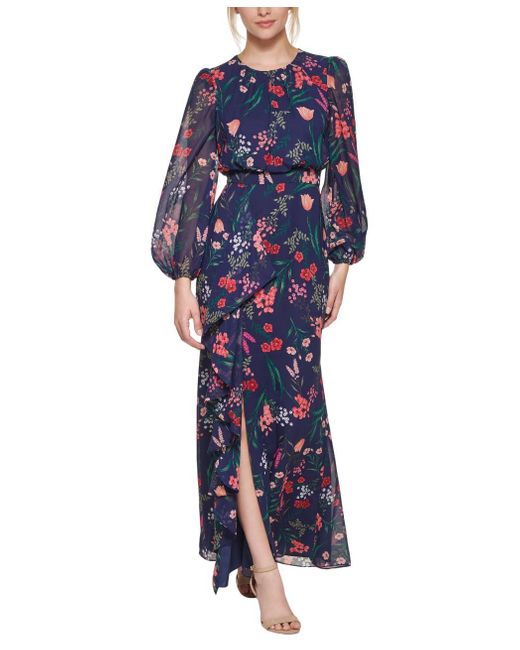 Eliza J Blue Balloon Sleeve High Neck Cascade Maxi Dress