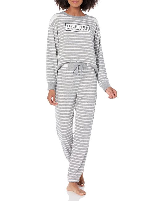 Tommy Hilfiger Gray Womens Mixed Striped Long Sleeve Pullover Top & Turn Back Joggers Pj Pajama Set