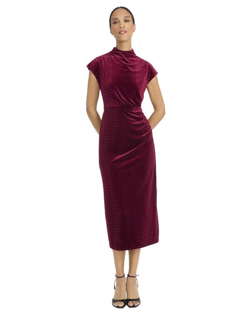 Maggy London Red High Neck Cap Sleeve Embossed Velvet Midi Sheath Cocktail Party Dresses