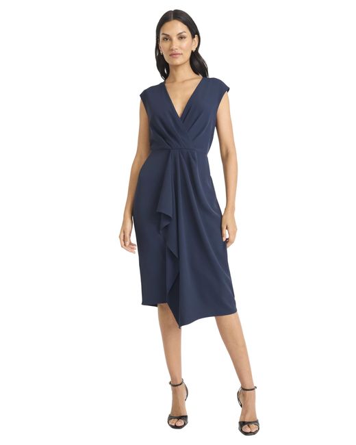 Maggy London Blue Sleeveless Wrap Midi With Pleated Waist Detail-cascading Draped Panel-elegant Wedding Guest Dress