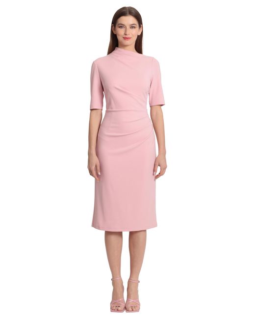 Maggy London Pink Side Pleat Dress With Asymmetric Neck And Elbow Sleeves