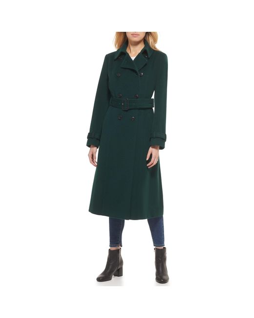 Cole Haan Green Flared Trench Slick Wool Coat