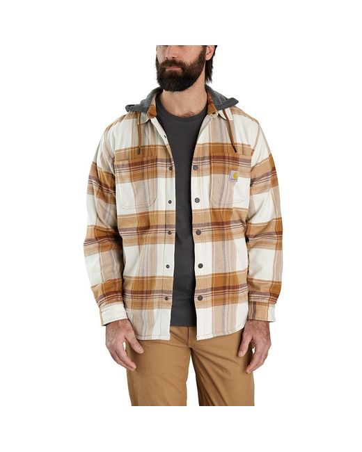 Carhartt Brown Big Rugged Flex Relaxed Fit Flannel Fleece Lined Hooded Shirt Jac for men