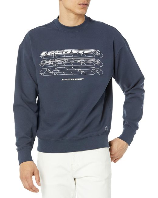 Lacoste Blue Long Sleeve Loose Fit Double Face Front Graphic Crewneck Sweatshirt for men