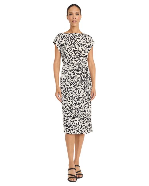 Maggy London White Side Gathered Cap Sleeve Bateau Neck-abstract Print Fitted Silhouette-midi Wedding Guest Dress