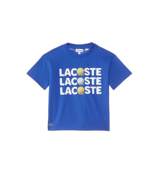 Lacoste Blue Short Sleeve Crew Neck Tee Shirt W/large Wording Graphic + Tennis Ball