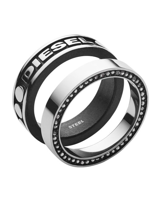 DIESEL Metallic Silver Stainless Steel Logo Band Ring Set for men