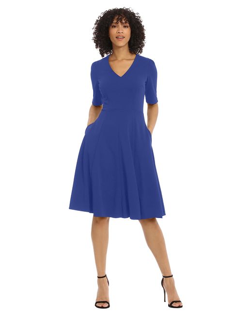 Donna Morgan Blue Stretch Crepe Elbow Sleeve V-neck Fit And Flare Midi Dress