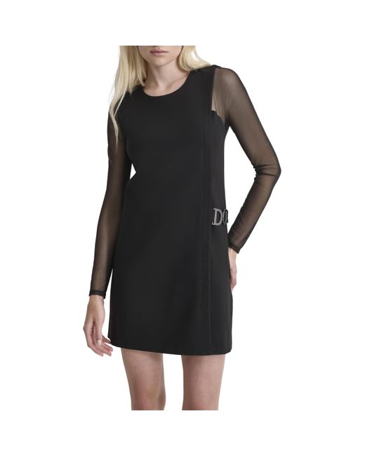 DKNY Black Long Mesh Sleeves Jewel Neck Double D Hardware Mini Dress