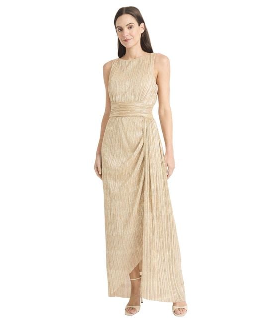 Maggy London Natural Textured Metallic Pleated Formal Maxi Dress With Wrapped Waistband And Side Slit-sleeveless Evening Gown