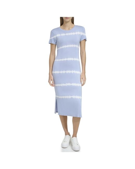Andrew Marc Blue Short Sleeve Printed Midi Dress With Slits